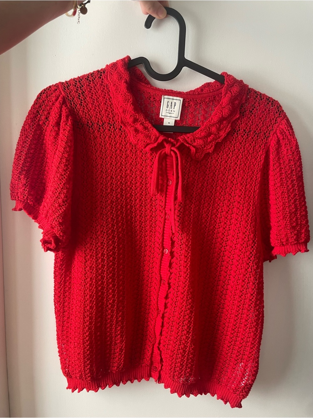 Gap x Doen Red Open-Knit Short-Sleeve Tie-Neck Cardigan